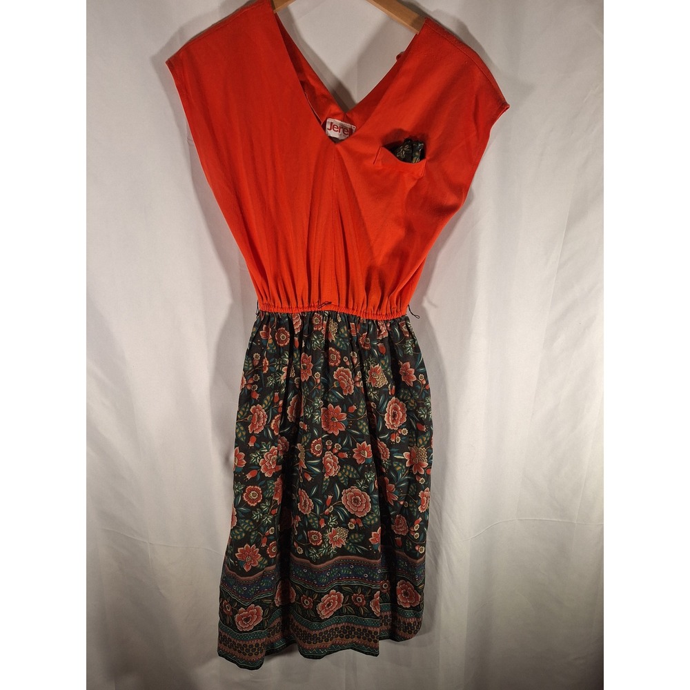 Vintage‎ Jerell of Texas Orange Floral Midi Dress V-Neck Elastic Waist Size 11